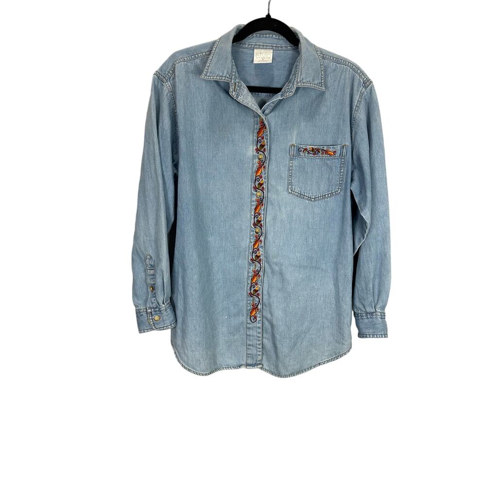 Vintage 90s Style Studio Embroidered Fall Leaves Chambray Cotton Shirt size M